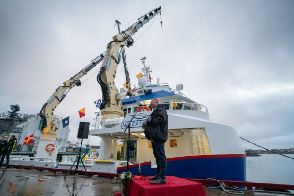Daglig leder i Midt-Norsk Havbruk, Frank Øren, har høye forventninger til fartøyet som med sin robuste utforming tilfredsstiller kravene til både sikkerhet, miljø og fiskehelse. Foto: Steinar Johansen.
