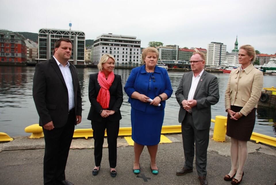 Monica Mæland, Erna Solberg, Per Sandberg, Ingvil Smines Tybring-Gjedde. Foto: Vibeke Blich/Skipsrevyen.