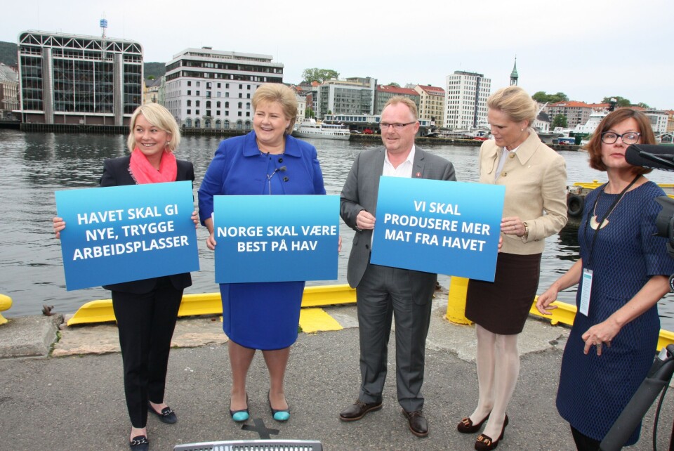 Monica Mæland, Erna Solberg, Per Sandberg og Ingvil Smines Tybring-Gjedde under havkonferansen 2016. Foto: Vibeke Blich/Skipsrevyen.
