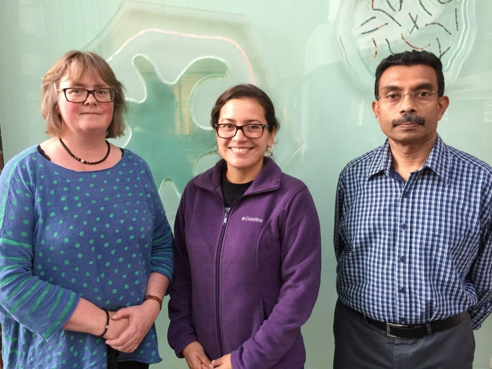 F.v. Professor Mette Sørensen, forsker Daniela Morales-Sanchez og prof essor Kiron Viswanath ved Nord Universitet. Foto: Nord Universitet.