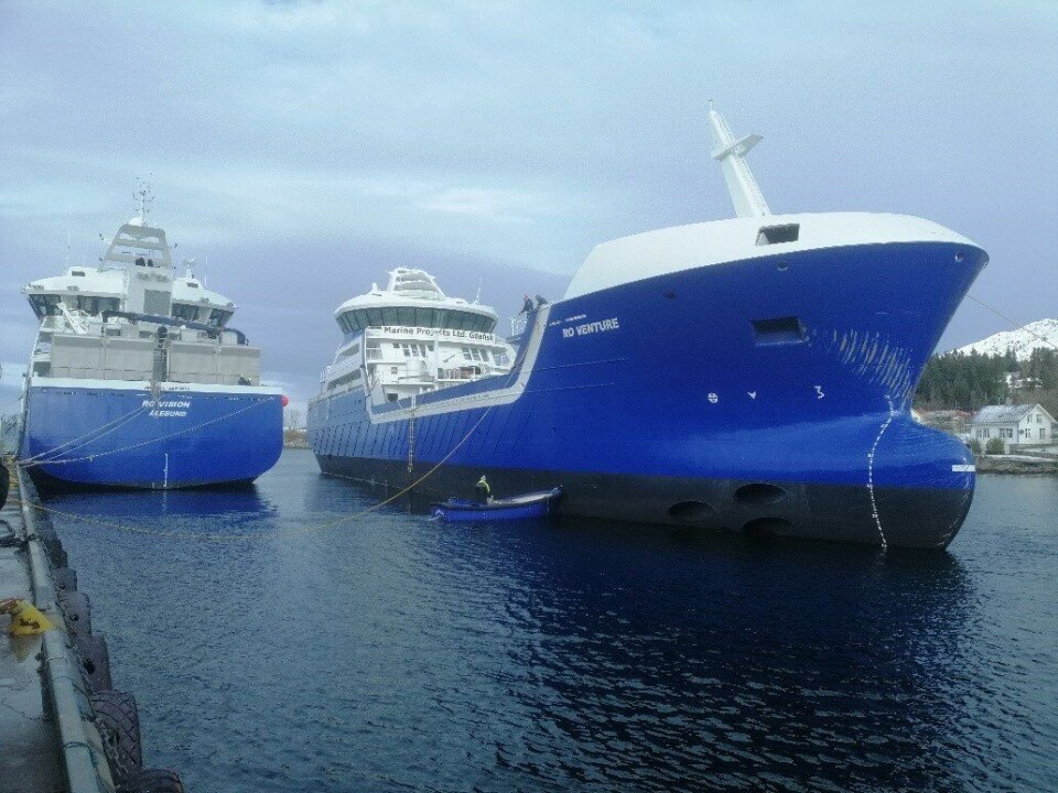 Nybygget «Ro Venture» er no til utrusting hos verftet, og skal etter planen leverast til sommaren. Klikk for større bilete. Foto: Larsnes Mek. Verksted.