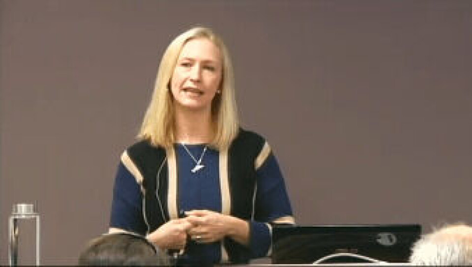 Renate Larsen administrerende direktør i Norges Sjømatråd. Screenchoot fra Fiskeridirektoratets fagkonferanse 2016.