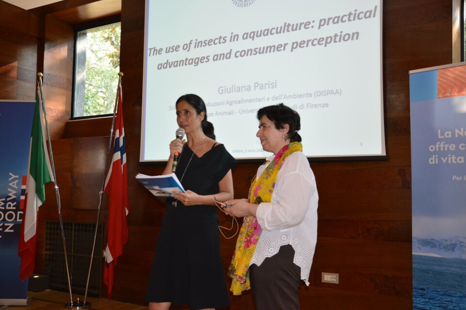 Professor Giuliana Parisi studerer bruken av insekter i fiskefôr ved Universitetet i Firenze, og holdt i juni foredrag om bruken av insekter i fiskefôr i Milano på Norges Sjømatråd sitt årlige sjømatseminar. Foto. Therese Soltveit.