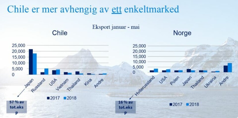 Illustrasjonsbilde viser at Norge ikke er avhengig av et enkeltmarked, slik som konkurrenten Chile er. Foto: Sjøtmatrådet.
