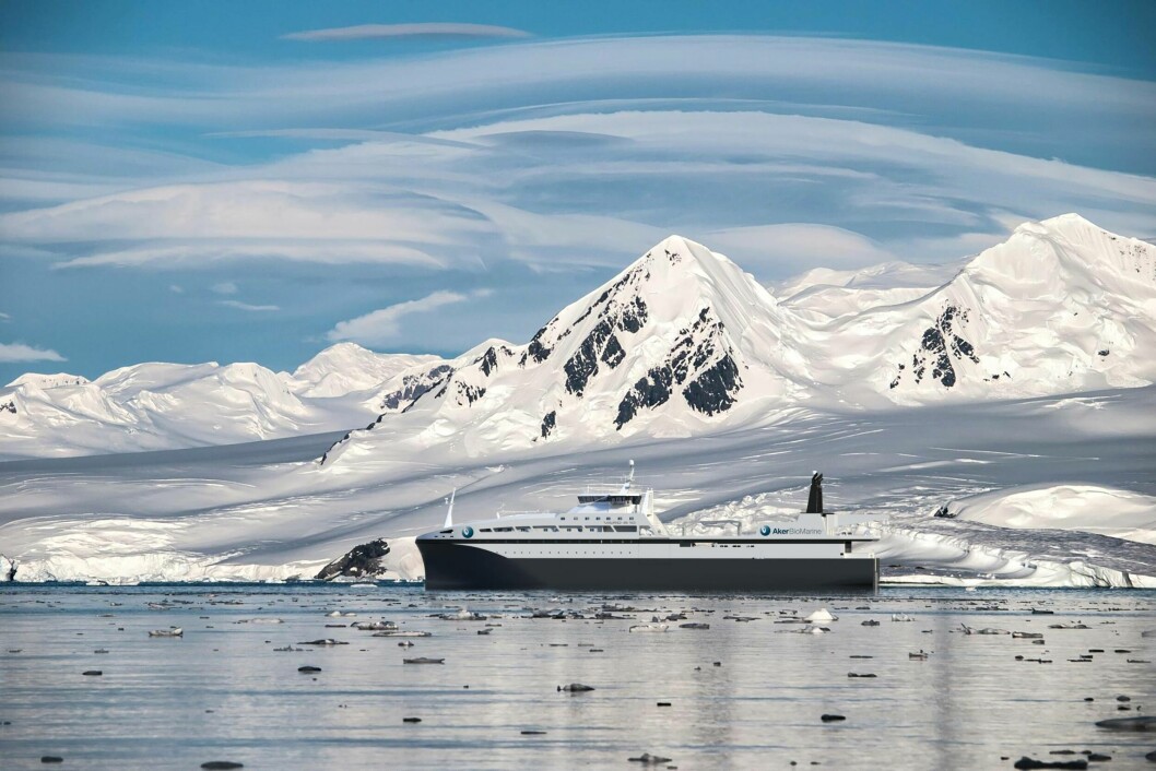 Det nye krillfartøyet er på 130 meter og skal utstyres med det siste og beste innen miljøvennlig teknologi. Illustrasjon: AkerBiomarine.
