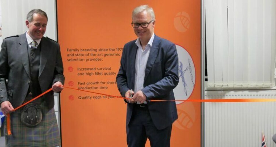 Odd Magne Rødseth klippet den orange tråden for å markere den offisielle åpningen av AquaGens kontor på Innovastion Park ved Universitetet of Stirling. Foto: Gareth Moore/Fishfarmingexpert