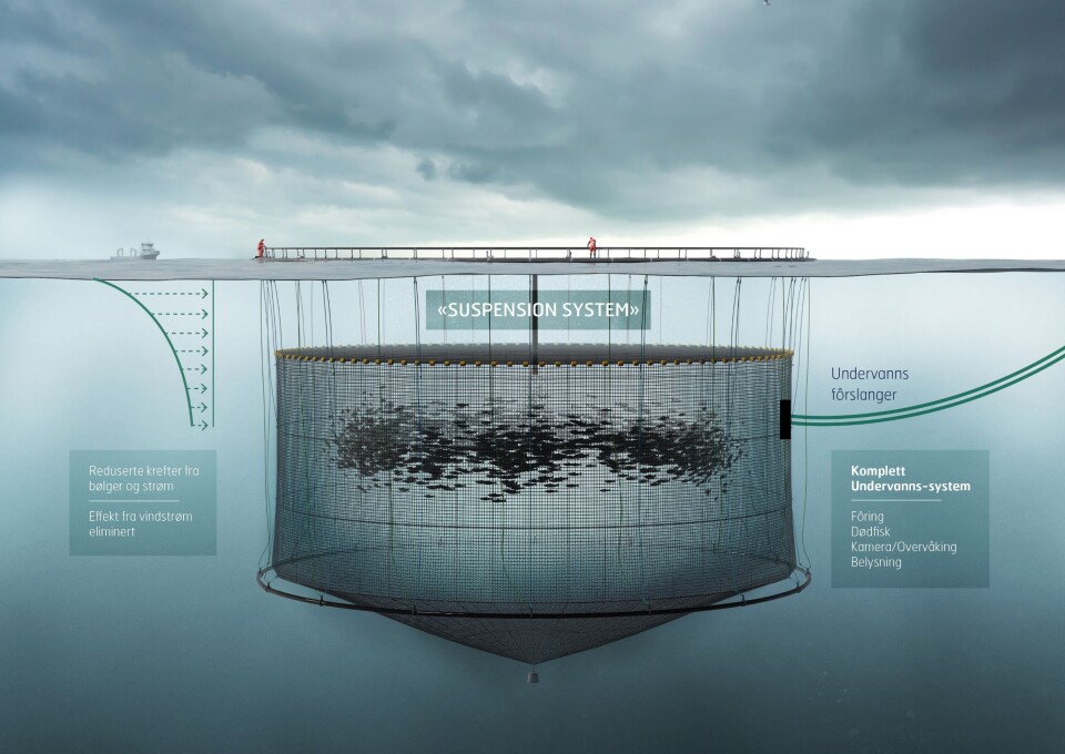 Aqualine Subsea System er ett av konseptene som vil flytte laksen lengre ned i dypet. Illustrasjon: Aqualine.