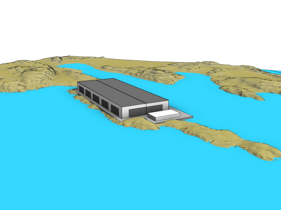 Perspektivskisse av det nye flekksteinbitanlegget som skal plasseres på Ylvingen i Vega Kommune. Illustrasjon av Moldskred AS.