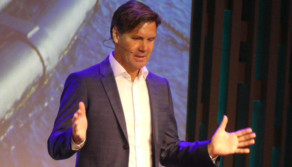Henning Beltestad, konsernsjef i Lerøy under en konferanse i Bergen tidligere i år.