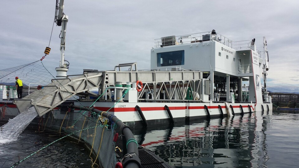 «Marcus» i drift ved anlegget Geitryggen i Nord-Trøndelag. Foto: Marine Harvest. «Marcus» i drift ved anlegget Geitryggen i Nord-Trøndelag. Foto: Marine Harvest.