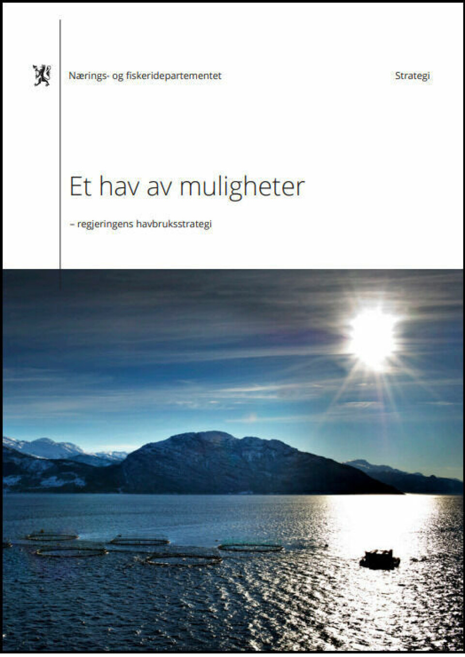 Regjeringen sin havbruksstrategi «Et hav av muligheter». Klikk på bildet for å laste den ned.