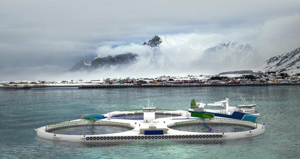 FjordMAX - en triangulær bærende konstruksjon i stål med tre produksjonsenheter. Foto: NSK Ship Design. FjordMAX - en triangulær bærende konstruksjon i stål med tre produksjonsenheter. Foto: NSK Ship Design.