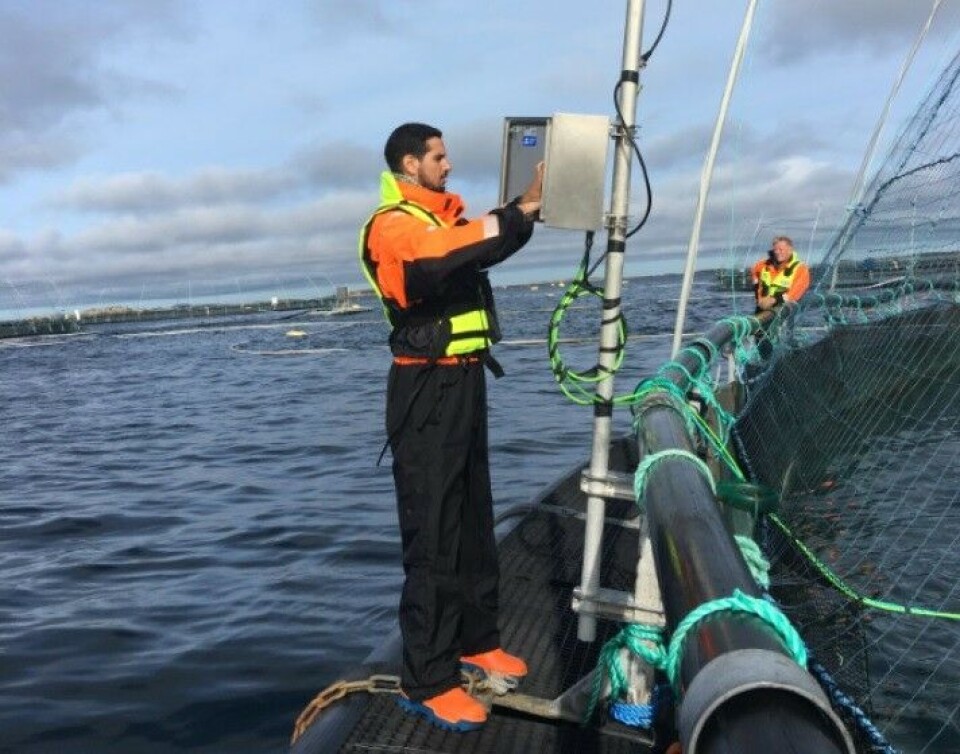 Her er to representanter fra CTNAVAL i ferd med å sette opp SICA, et nytt automatisk foringssystem i en av merdene til SINTEF ACE. Foto: Hamid Er-Rachdi og Rosa Martínez (CTN)
