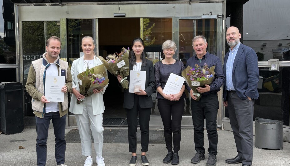 Alle finalistene samlet. ONNA Greens representert ved Tobias Eckbo og Stine Lexeberg, Urchinomics representert ved Rebecca Rye, Kjersti Gravningen og Halfdan Lie Svalheim fra Malteriet og Øyvind Ørbeck Sørheim, adm.dir. i Norges Vel