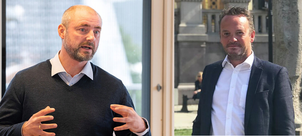 Roberg Eriksson (tv.v) er adm.dir i Sjømatbedriftene og Geir Ove Ystmark (t.h.) er tilsvarende i i Sjømat Norge. Nå ønsker de regjeringen vedtar en sjablongregel for verdifastsettelser.
