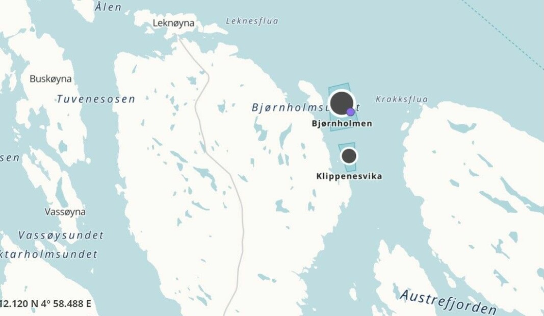 Barentswatch illustrasjon av Bjørnholmen lokalitet som fikk påvist ILA.
