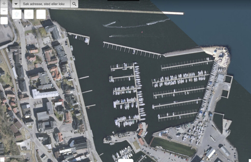 Illustrasjonen er en kartutskrift fra Fiskeridirektoratet og viser en båthavn i Holmestrand.