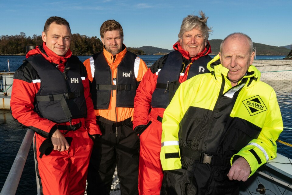 Fra venstre: Egil Bergersen - CEO, Roger Thorsen CCO, Amund Litlabø – Fiskehelsebiolog, Atle Presthaug – Grunder. Foto: Aquafarm Equipment