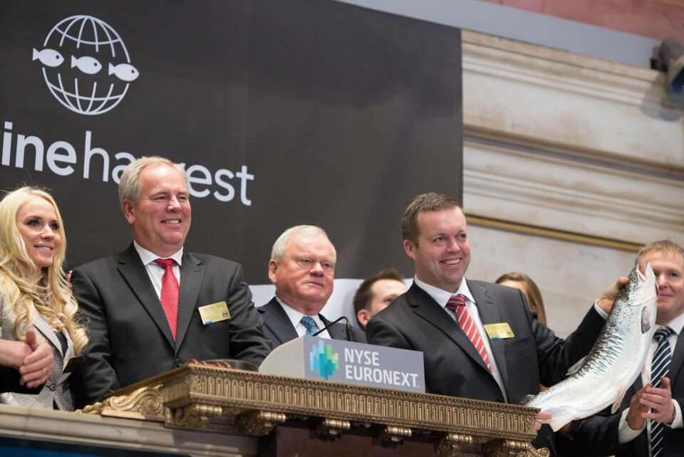 Cecilie Fredriksen, Ole-Eirik Lerøy, John Fredriksen, Alf-Helge Aarskog, under børsintroduksjonen i New York. Foto: Marine Harvest