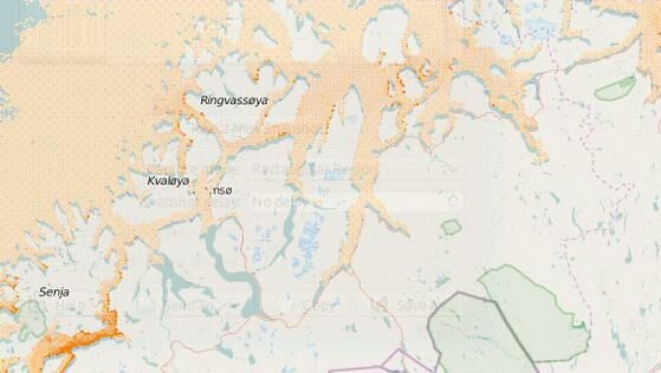 Dette kartet er hentet fra Havforskningens lusemodell. Styrken på den oransje fargen sier noe om hvor mange lakseluslarver det er i et område. Foto: Havforskningsinstituttet.