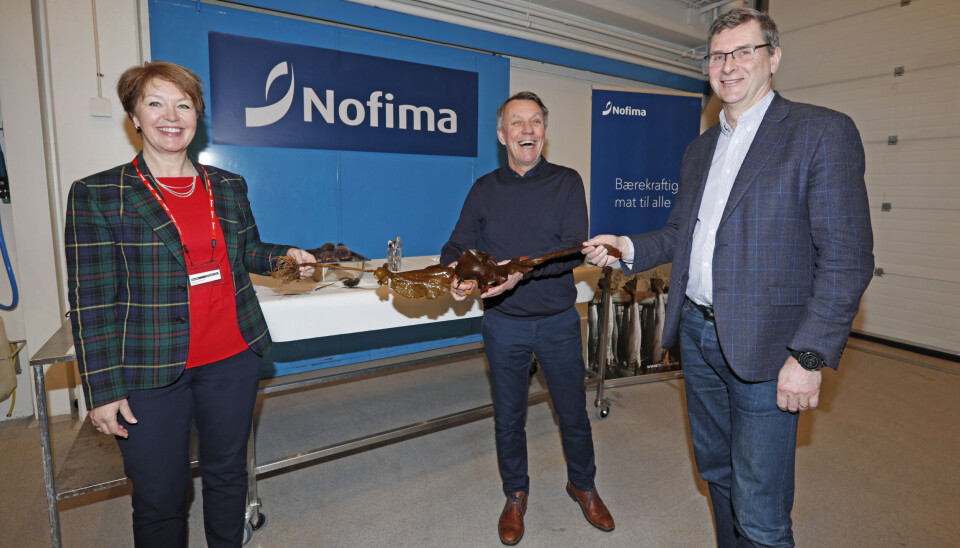 Tromsøs ordfører Gunnar Wilhelmsen klippet over snora med tare under lanseringen av et nettverk for nye oppdrettsarter ved Nofimas hovedkontor i Tromsø. Til venstre Bente E. Torstensen, divisjonsdirektør i Nofima. Til høyre, Harald Sveier, forskningssjef i Lerøy Seafood Group ASA. Tromsøs ordfører Gunnar Wilhelmsen klippet over snora med tare under lanseringen av et nettverk for nye oppdrettsarter ved Nofimas hovedkontor i Tromsø. Til venstre Bente E. Torstensen, divisjonsdirektør i Nofima. Til høyre, Harald Sveier, forskningssjef i Lerøy Seafood Group ASA.