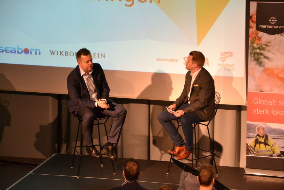 Konsernsjef Alf-Helge Aarskog i Marine Harvest og Øyvind Andre Haram under Youngfish-konferansen i fjor. Foto: Linn Therese Skår Hosteland.