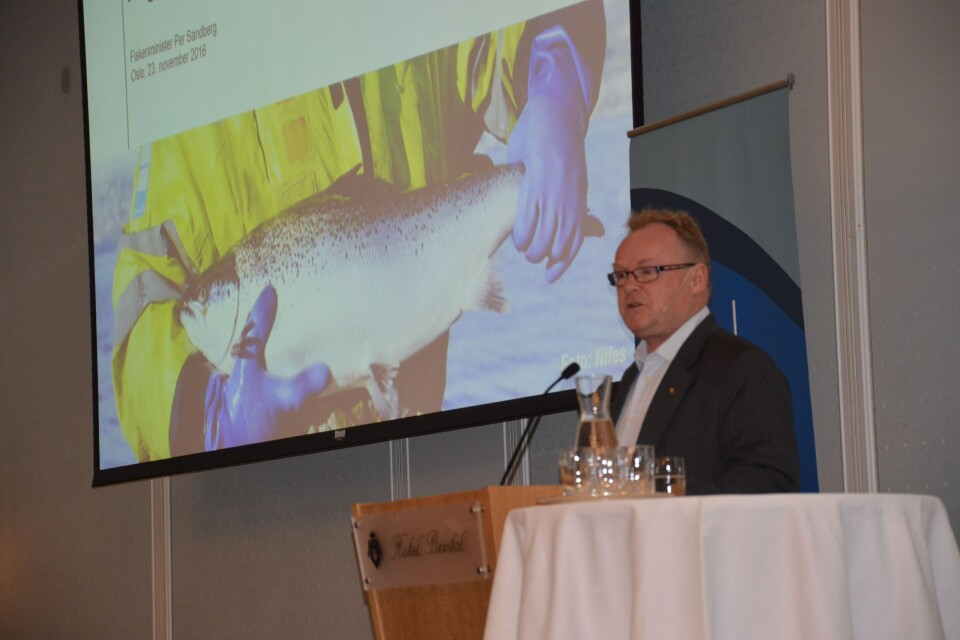 Fiskeriminister Per Sandberg (FrP) under Havbrukskonferansen 2016. Foto: Therese Soltveit.