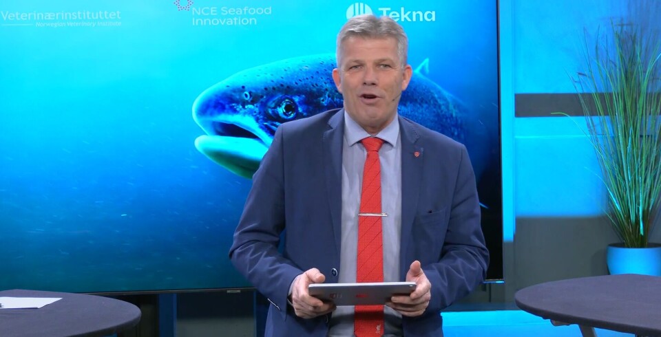Fiskeri- og havminister Bjørnar Skjæran under fremleggelsen av Fiskehelserapporten 2022. Fiskeri- og havminister Bjørnar Skjæran under fremleggelsen av Fiskehelserapporten 2022.