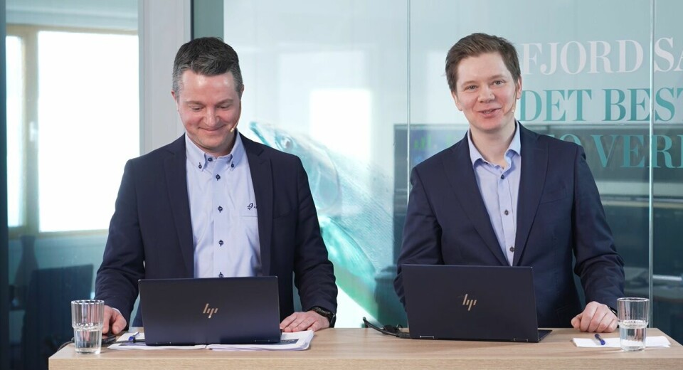 CFO Bjarte Martinsen og CEO Martin Rasmussen under Q4-2022-presentasjonen til Andfjord Salmon