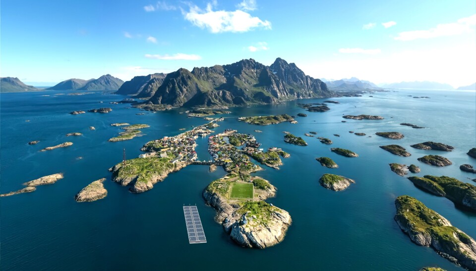 Konsept: Slik kan dronefoto av lofoten ser ut dersom en flåte av inseanergy solcellepanel blir lagt ut.