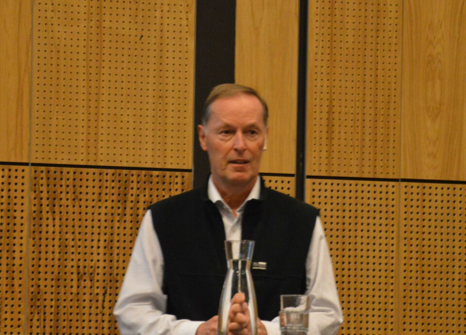 Prosjektleder Gunnar Myrbøe snakket om havmerden under Teknas Havbrukskonferanse. Foto: Katarina Berthelsen.