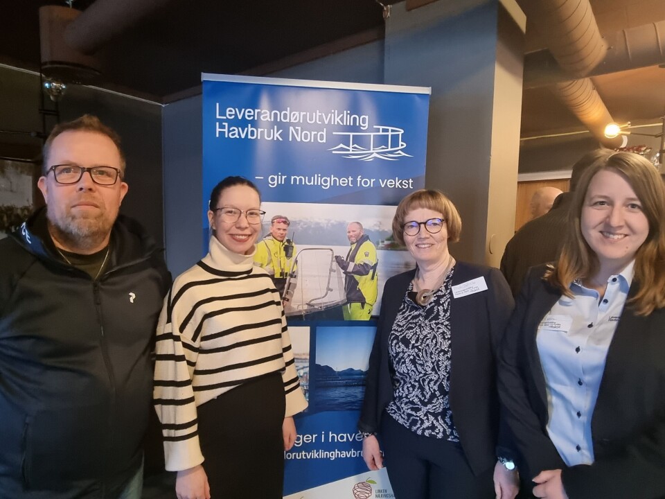 Fra venstre Håvard Høgstad daglig leder i Arnøy Laks, Ingeborg Myrind Bekkavik kursutvikler i Blått kompetansesenter Nord, Trude Indrebø og Ina Kvalsvik Jakobsen i Leverandørutvikling Havbruk Nord.