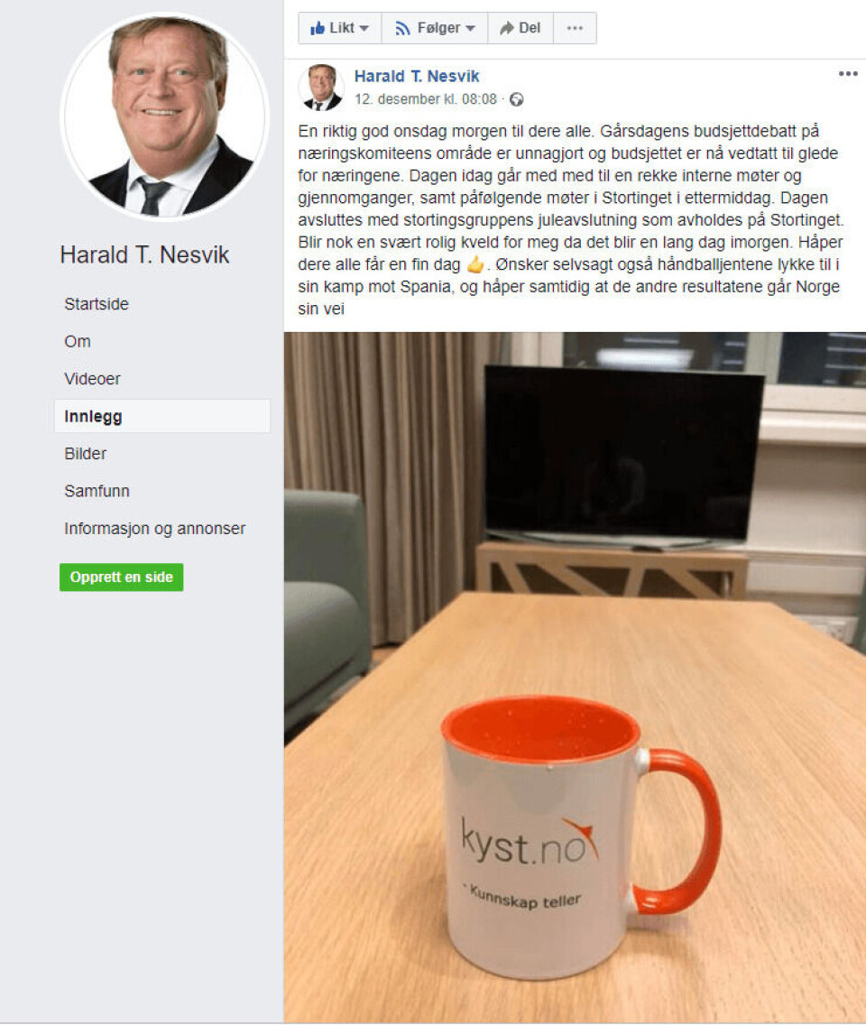 Fiskeriministeren pleier ofte å starte dagen med å legge ut et bilde av en kaffekopp og dagens gjøremål. Nå har Kyst.no kommet inn i varmen i den etterhvert omfattende koppekatalogen til Nesvik. Skjermdump fra Facebook.