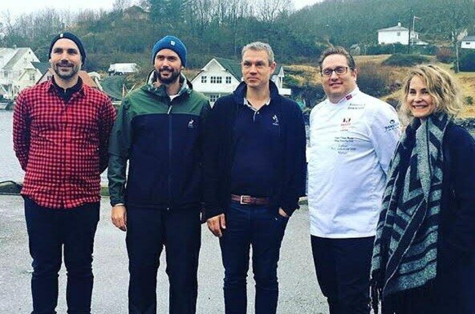 Teamet bak Austevoll Seaweed Farm.  Fra Venstre: Christian skår, daglig leder,  Ørjan Johannessen, produktutvikler mat, Edvin Andre Skår, produksjonssjef, Thomas C. Engum Madsen, markedssjef og Mia Kalve, produktutvikler kosmetikk. Foto: Privat.