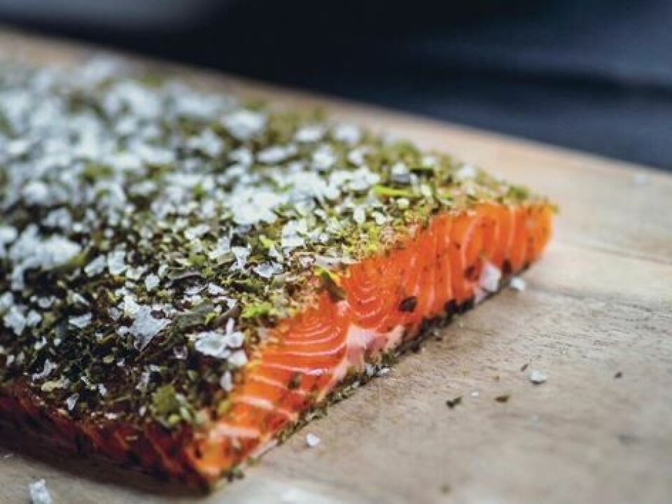 Ørret toppet med tare-salt fra Flyt. Foto: Austevoll Seaweed Farm/Flyt.