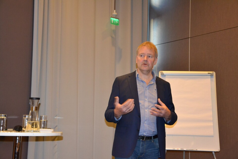 Stig Nilsen, konserndirektør for havbruk i Lerøy Seafood Group snakket om behovet for ett bærekraftsbarometer under FHF sin havbrukssamling 2016. Foto: Linn Therese Skår Hosteland.