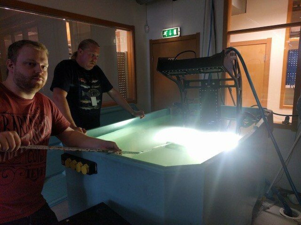 Testing og kalibrering av systemet innendørs i saltvann. Klikk for større bilde. Foto: MSD.