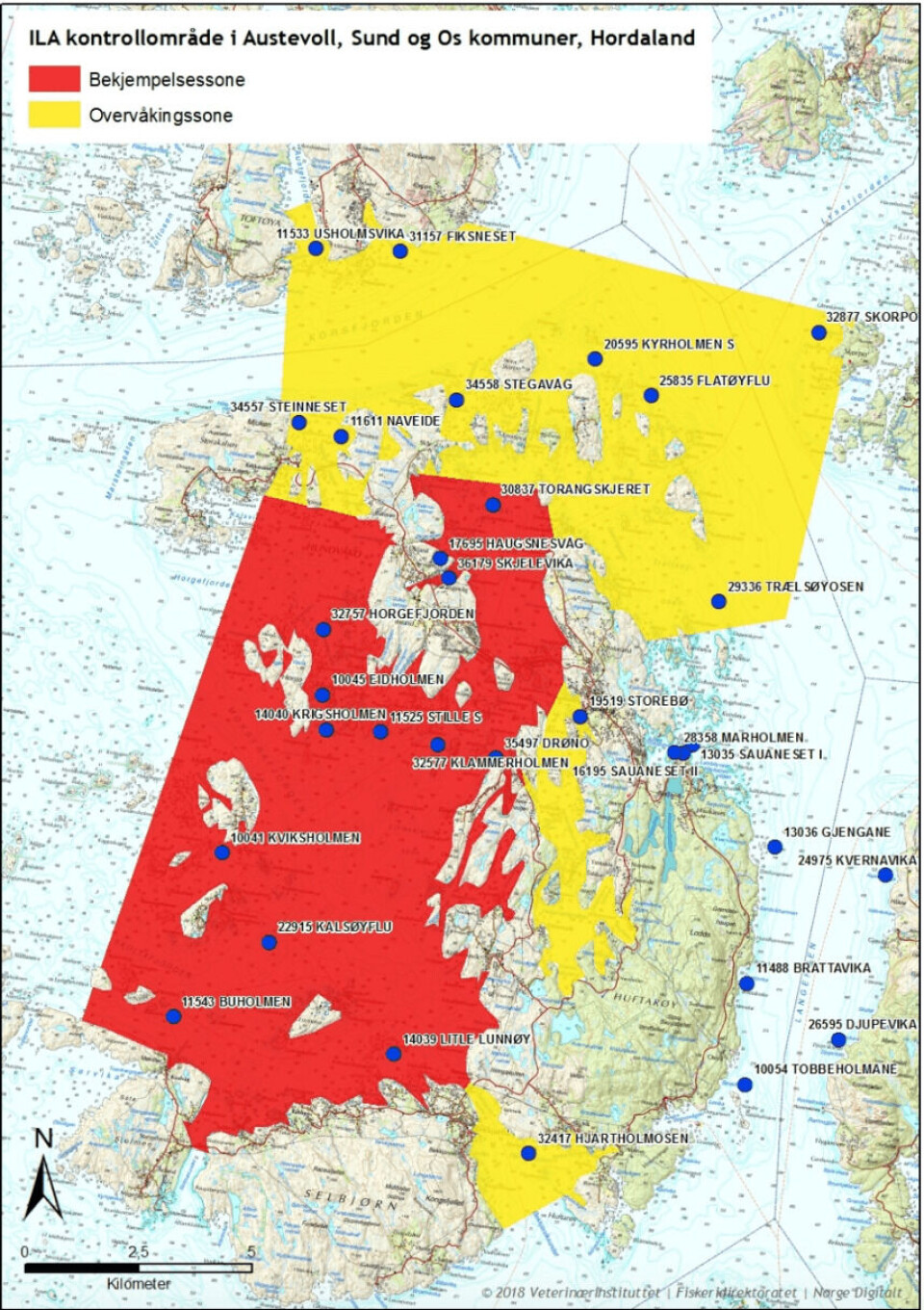 Bekjempelsessone for ila i Austevoll kommune. Klikk for større bilde.