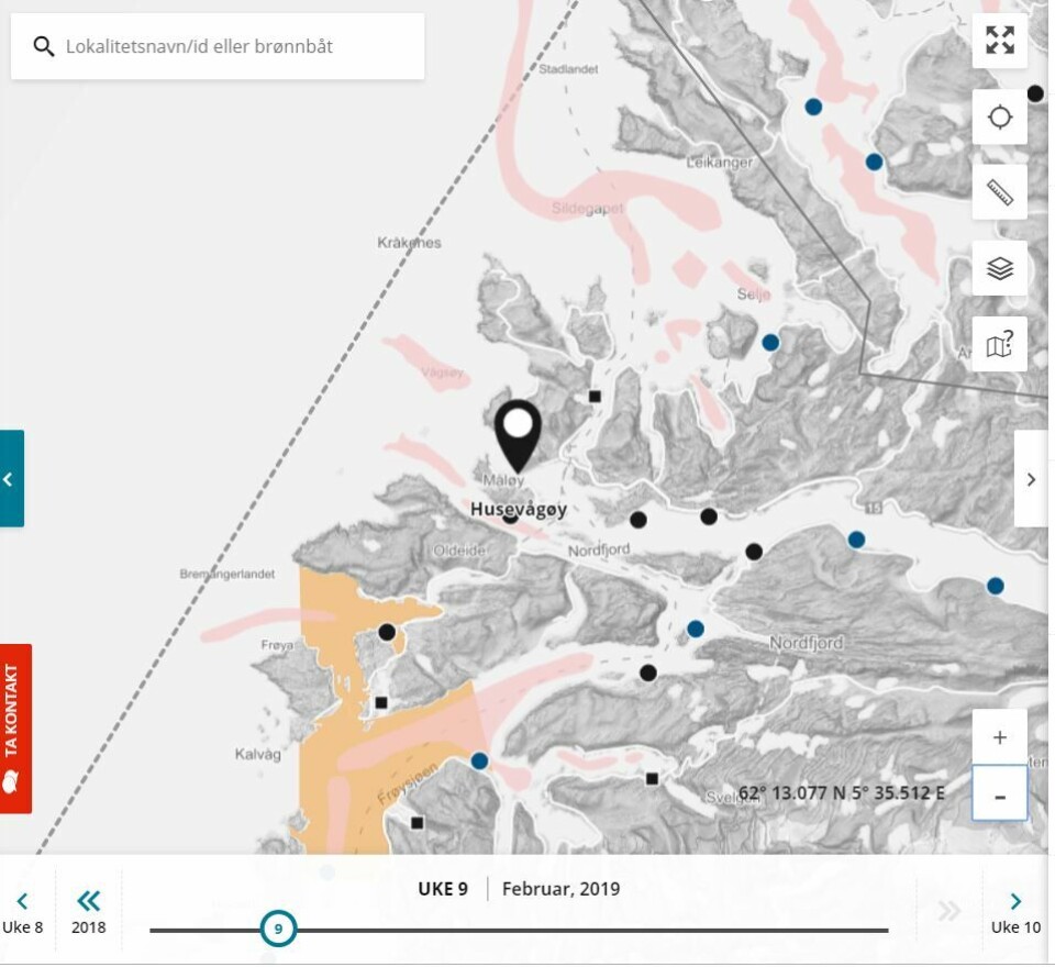 Tre oppdrettsselskap har gått sammen om ny lokalitet i Nordfjord. Den nye lokaliteten Husevågøy er avgjørende for at de skal få satt ut fisk i 2019, etter ILA-problemer i Austevoll. Skjermdump fra Barentswatch.