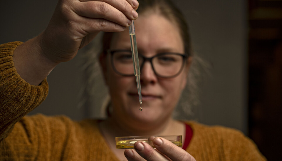 Marie Lillehammer viser frem dråper fra algekonsentrat.