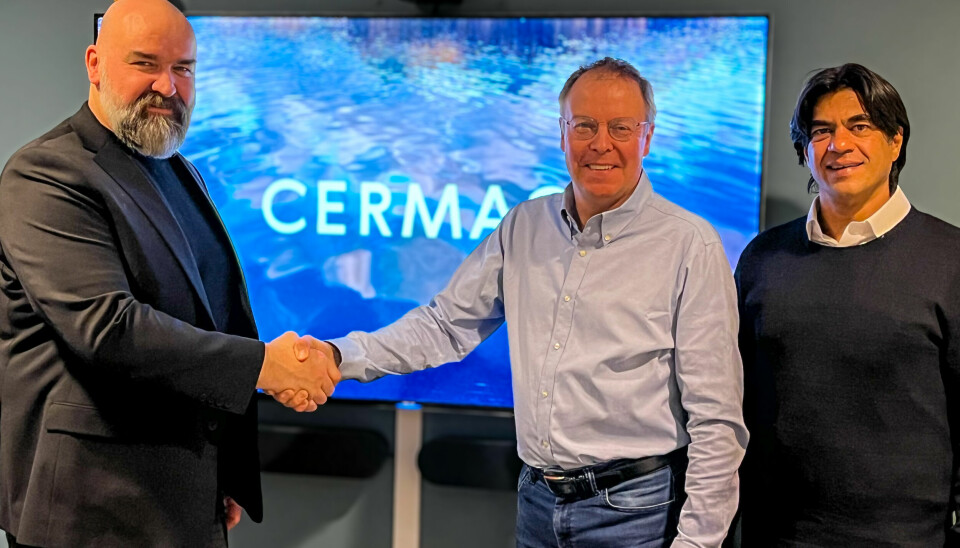 Senior innkjøper Vegar Hakstad i Cermaq sammen med Pål Korneliussen og eier og styreformann Vayu Garware.