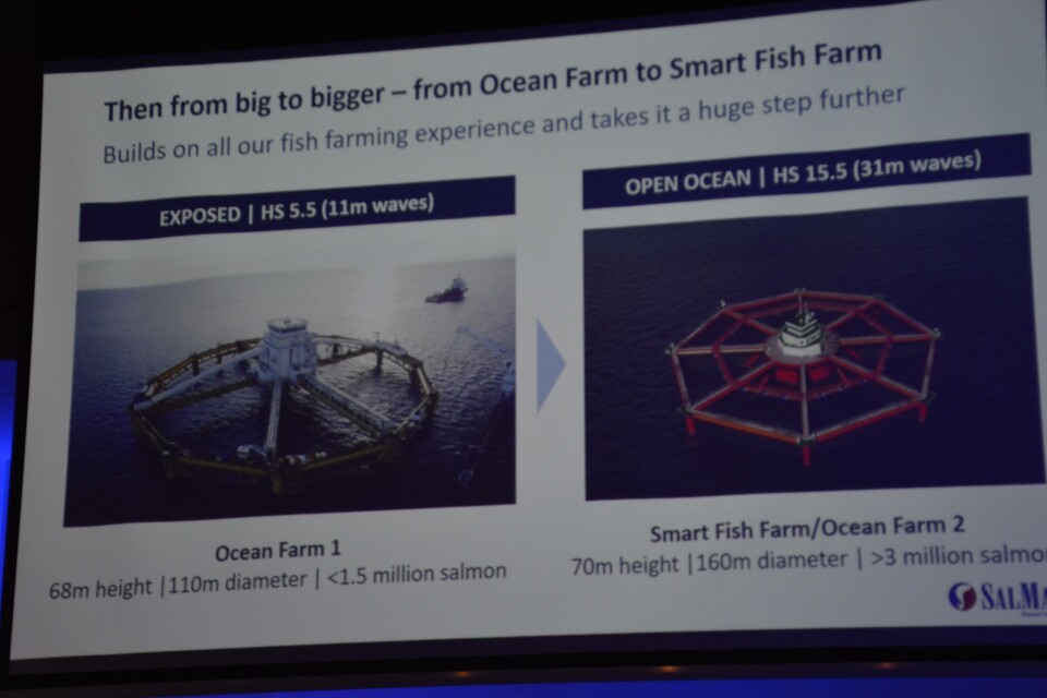 Salmar styrelederen påpeker at offshore merdene de lager går fra å være stor til større, og henviser til deres «Smart Fish Farm» prosjekt som vil bli vesentlig større enn havmerd piloten «Ocean Farm 1». Klikk for større bilde. Foto: Kyst.no. Salmar styrelederen påpeker at offshore merdene de lager går fra å være stor til større, og henviser til deres «Smart Fish Farm» prosjekt som vil bli vesentlig større enn havmerd piloten «Ocean Farm 1». Klikk for større bilde. Foto: Kyst.no.