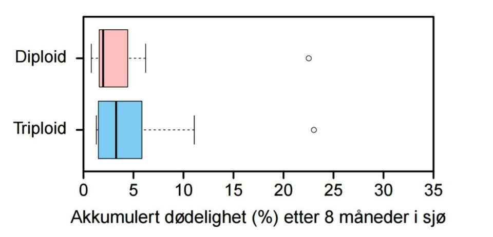 Variasjon i akkumulert dødelighet etter 8 måneder i sjø for triploid test produksjoner og kontroll diploid produksjoner på de samme lokalitetene Nedre grense for boksene viser 25- og øvre grense 75-persentilen, mens streken i midten er medianen. Stiplet linje viser største og minste registrerte dødelighet, klare uteliggere er gitt som sirkler (klikk for større). Kilde: Havforskningsinstituttets risikorapport for 2017. Variasjon i akkumulert dødelighet etter 8 måneder i sjø for triploid test produksjoner og kontroll diploid produksjoner på de samme lokalitetene Nedre grense for boksene viser 25- og øvre grense 75-persentilen, mens streken i midten er medianen. Stiplet linje viser største og minste registrerte dødelighet, klare uteliggere er gitt som sirkler (klikk for større). Kilde: Havforskningsinstituttets risikorapport for 2017.