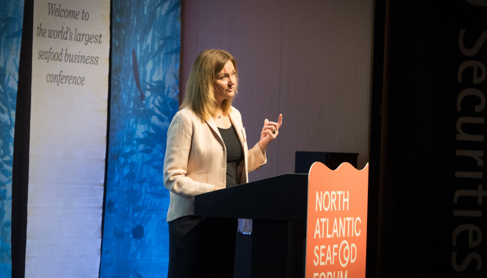 Therese Log Bergjord, tidligere CEO i Skretting, under NASF-konferansen i Bergen.