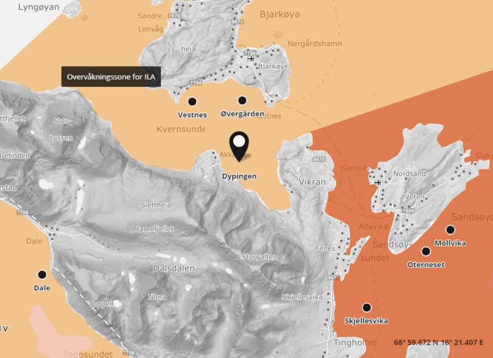 Lokalitet Dypingen ligger i en overvåkningssone for ILA. Skjermdump fra Barentswatch.