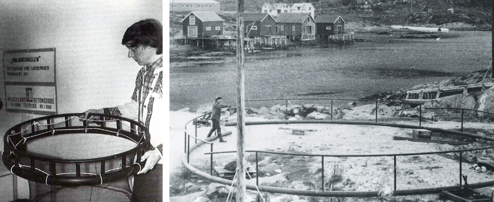 Fra venstre: Hans Petter Meland høsten 1973 i Bodø, og fra høyre er Steinar Olaisen i 1974 med første merd som ble levert til Lovund Sjøprodukter februar 1974.
