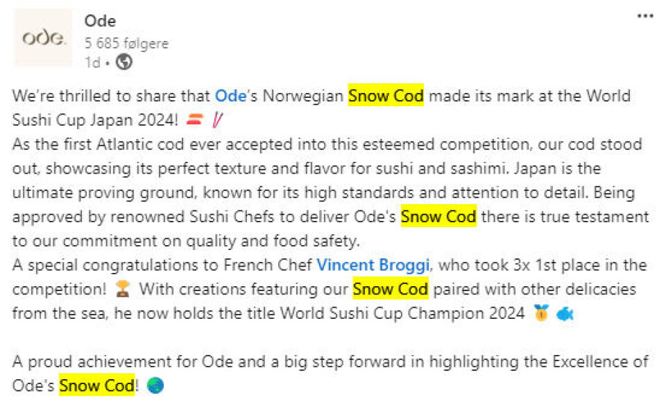 Ode omtaler produktet sitt som «Snow Cod». Det gjør også aktører som Norcod.