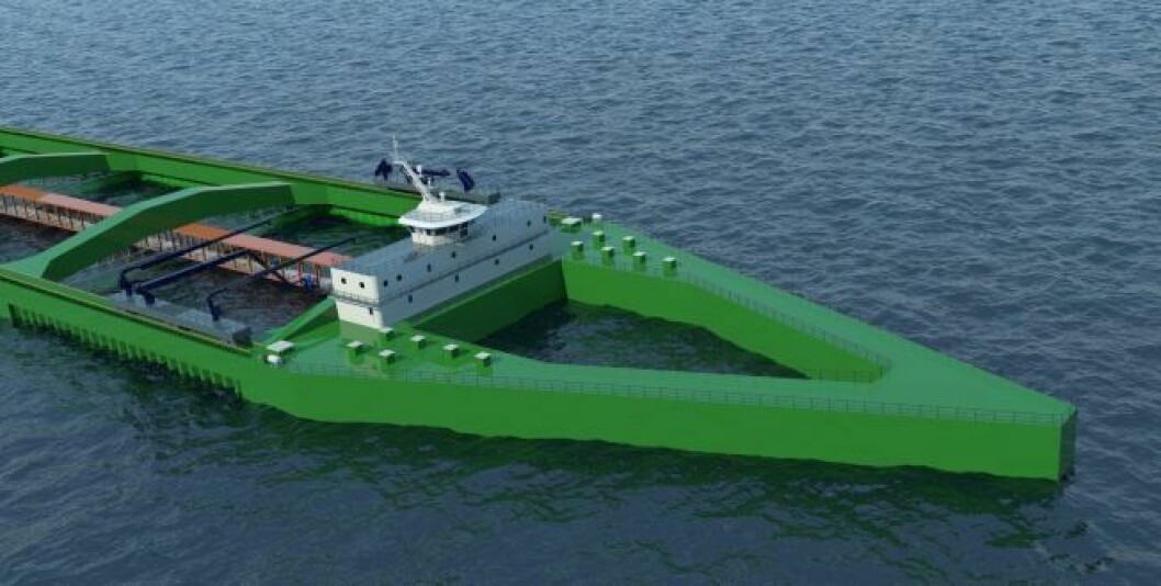Nordlaks sitt konsept Havfarm blir 430 meter lang, og 54 meter bred. Illustrasjon: NSK Ship design.