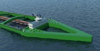 Nordlaks sitt utkast av havfarmen skal se slik ut. Konstruksjonen blir 430 meter lang, og 54 meter bred. Foto: NSK Ship design.