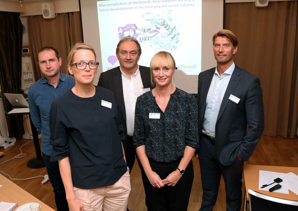 Fra årsseminaret i prosjektet NorZymeD i august 2017. Med fra venstre Antoine Mialon, MetGen; Gro Bjerga, Uni Research; Kjartan Sandnes, Biomega; Charlotte Blom, Novozymes og Hans Kleivdal, Uni Research. Foto: Andreas R. Graven.
